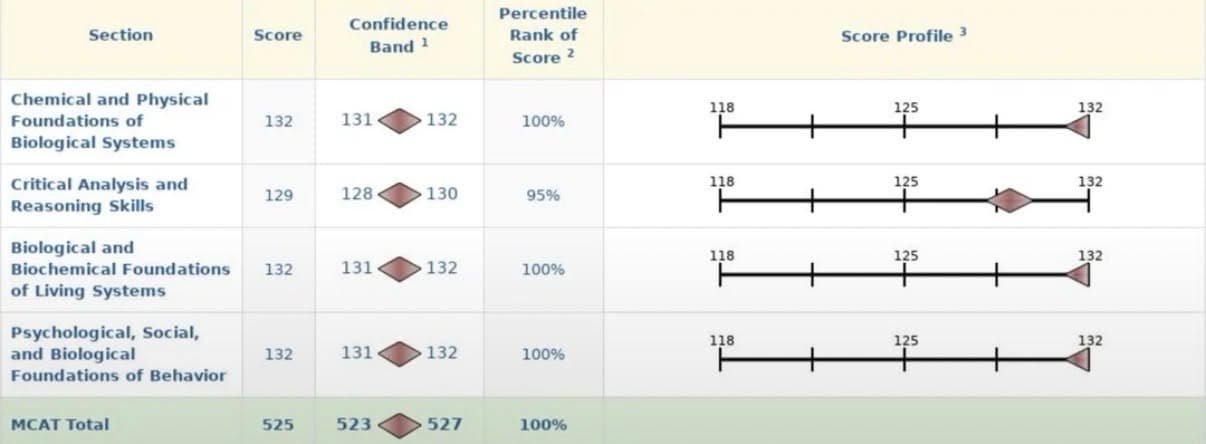 MCAT score report: Chemical and Physical Foundations 132, Critical Analysis and Reasoning Skills 129, Biological and Biochemical Foundations 132, Psychological, Social, and Biological Foundations 132, total 525 in the 100th percentile